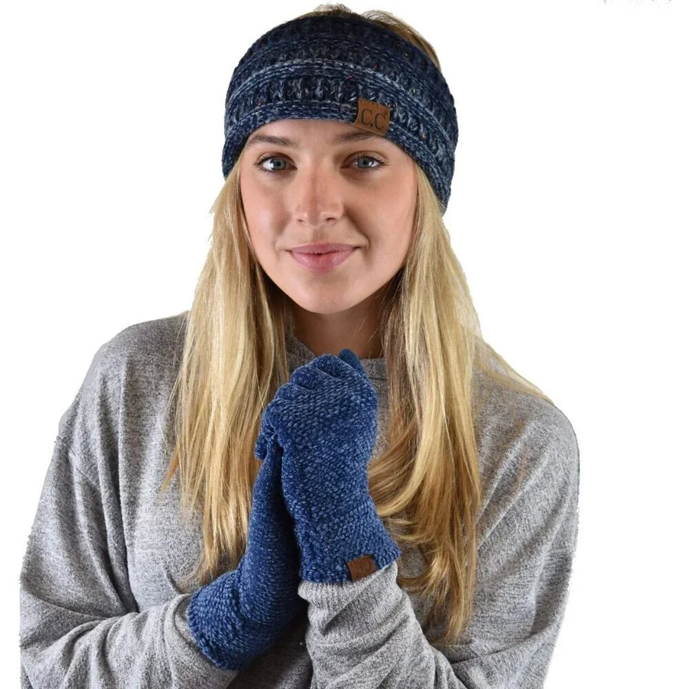 Women's Dark Denim Winter Warm Eco-friendly Chenille Touchscreen Texting Gloves
